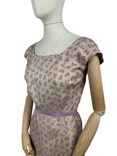 Load image into Gallery viewer, Original 1950&#39;s Pure Silk Squirrel Novelty Print Belted Wiggle Dress in Taupe and Purple - Bust 36
