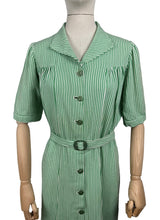 Load image into Gallery viewer, Original 1940&#39;s White and Green Candy Stripe Heavy Linen Button Front Belted Day Dress - Bust 40 42 *
