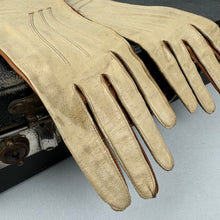 Load image into Gallery viewer, Original 1940&#39;s  CC41 Two-Tone Brown and Cream Gauntlet Gloves with Seamed Detail - Size 6.5 *
