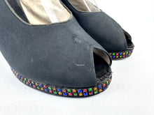 Load image into Gallery viewer, Original 1940's Inky Black Crepe Platform Evening Shoes with Paste Detail in Red, Blue, Yellow and Green - UK 4 *
