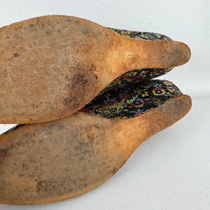 Original 1950’s Rainbow Floral Lounge Shoes with Gold Bow Trim - Charming Slippers - Size 5.5 or 6 *