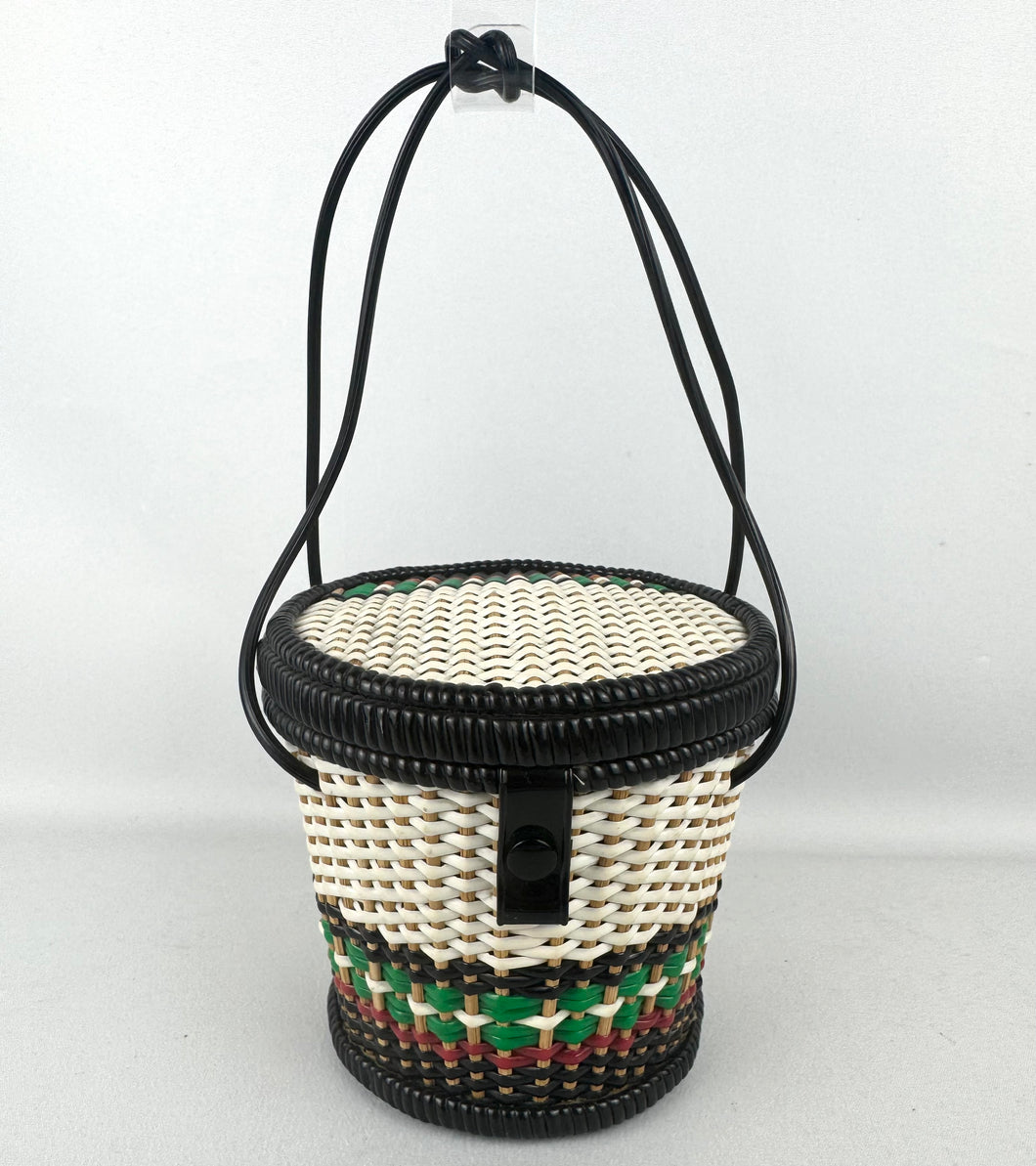 Original 1950's Small Wicker Handbag in White, Black, Green and Red