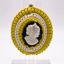 Load image into Gallery viewer, Original 1940&#39;s Yellow, Black and White Wartime Make Do and Mend Wirework Brooch with Cameo Middle *
