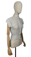Load image into Gallery viewer, Original 1940&#39;s 1950&#39;s Powder Blue Sheer Chiffon Blouse with Pretty Lace Trim - Bust 32 33 *
