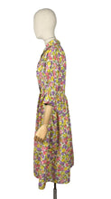 Load image into Gallery viewer, Original 1950’s Volup Vibrant Floral Day Dress in Orange, Purple, Yellow and Green on White - Bust 44
