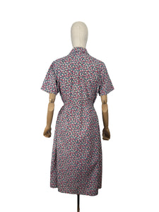 Original Volup 1930's Blue Cotton Dress with Pretty Floral Print in Red, Green and White - Bust 40 42