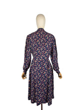 Load image into Gallery viewer, Original 1940's Navy Blue Crepe Long Sleeved Day Dress with Floral Print in Pink and Purple
