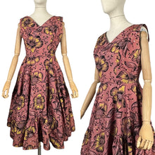 Load image into Gallery viewer, Original 1950&#39;s Salmon Pink Grosgrain Full Circle Day Dress with Bold Floral in Yellow, White and Black Flock - Bust 36
