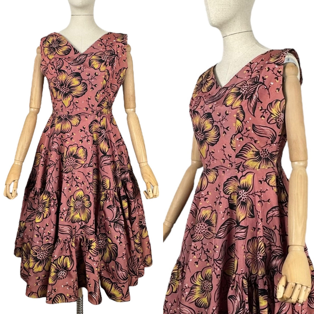 Original 1950's Salmon Pink Grosgrain Full Circle Day Dress with Bold Floral in Yellow, White and Black Flock - Bust 36