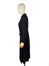 Load image into Gallery viewer, Original 1940's Classic Black Crepe Belted Day Dress with Beaded Pocket Detail - Bust 35 36
