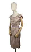 Load image into Gallery viewer, Original 1950&#39;s Pure Silk Squirrel Novelty Print Belted Wiggle Dress in Taupe and Purple - Bust 36
