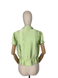 Original 1940’s Pale Green Artificial Silk Blouse with Colourful Smocking Detail - Bust 34 36