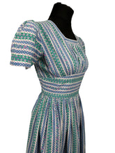 Load image into Gallery viewer, Original 1940&#39;s Petite Fit Textured Cotton Stripe Dress in Green, Pink, Blue and White - Bust 34 *
