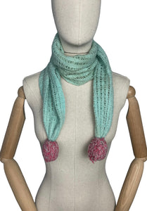 Original 1940's Hand Knitted Wool Scarf with Pretty Pom-pom Trim in Green & Pink