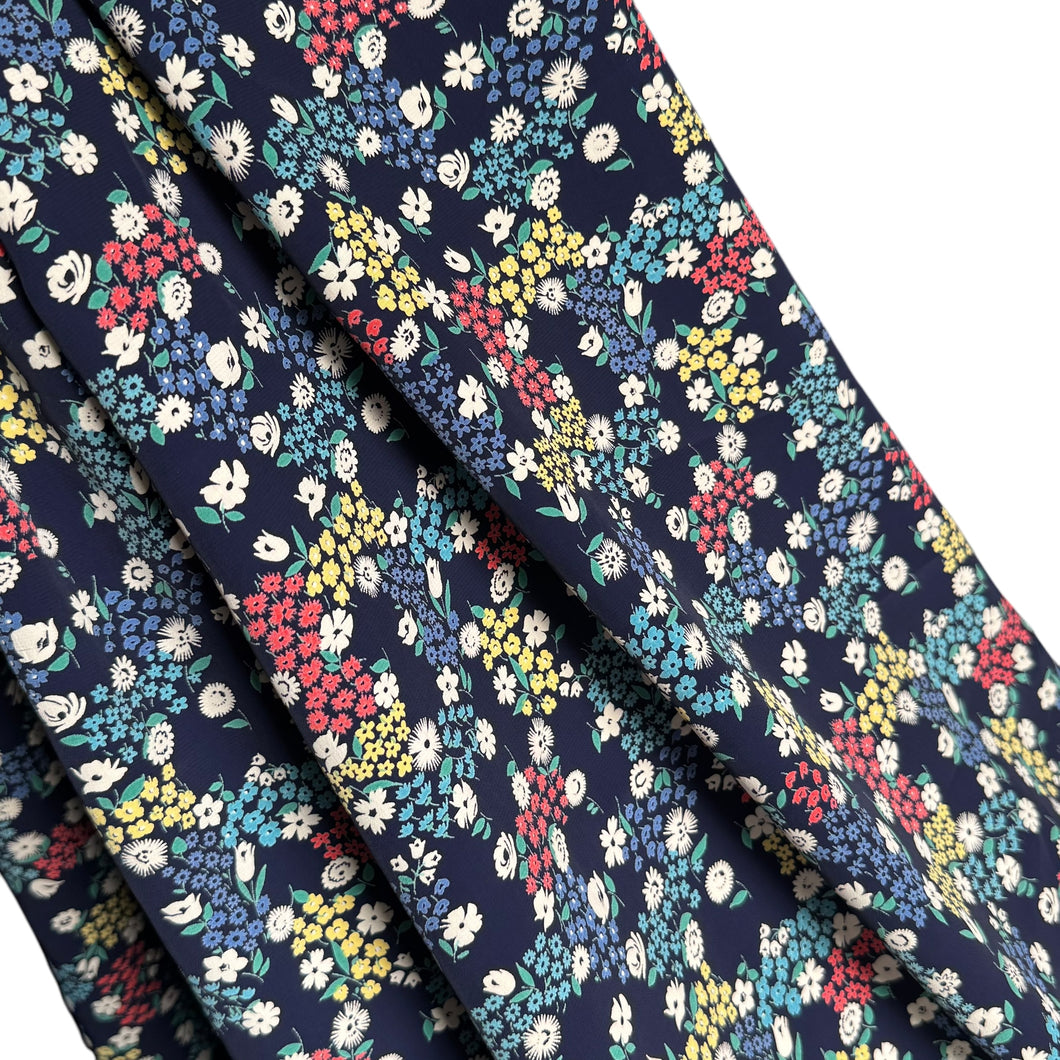 Original 1940's Blue Crepe Dressmaking Fabric with Floral Print in Red, Green, White and Yellow - 35