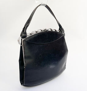 RESERVED FOR KAT DO NOT BUY Original 1930's Black Leather Bag with Scalloped Chrome Trim and Single Handle