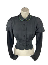 Load image into Gallery viewer, Original 1940&#39;s Miss Muffet Black Grosgrain Jacket with Cape Shoulder Detail - Bust 32 *
