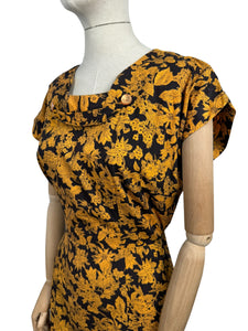 Original 1950’s Orange and Black Floral Cotton Wiggle Dress *