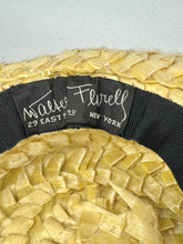 Load image into Gallery viewer, Original Late 1940's or Early 1950's Walter Florell Raffia Hat in Yellow with Velvet Ribbon Trim *
