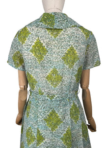 Original 1950's White, Blue, Green and Black Nylon Belted Day Dress - Bust 38 *