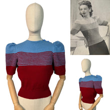 Load image into Gallery viewer, Reproduction 1940&#39;s Striped Jumper in Ruby Red and Niagra Blue with Full Pull Sleeves - Bust 34 35
