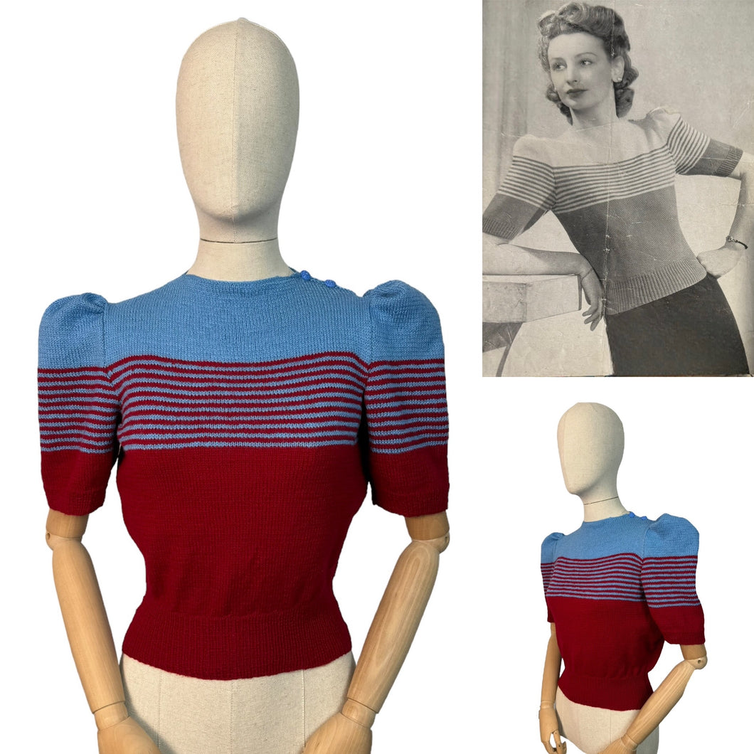 Reproduction 1940's Striped Jumper in Ruby Red and Niagra Blue with Full Pull Sleeves - Bust 34 35