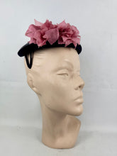 Load image into Gallery viewer, Original 1950's Dark Blue Lacquered Straw and Velvet Hat with Pink Floral Trim
