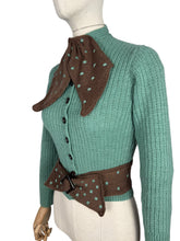 Load image into Gallery viewer, 1930&#39;s Reproduction Hand Knitted Long Sleeved Cardigan with Bow Trim and Spotted Belt in Green and Brown - Bust 32 34
