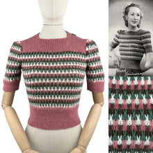 Load image into Gallery viewer, Reproduction 1940’s Hand Knitted Striped Jumper in Pink, White, Green and Brown Alpaca Wool - Bust 33 34 35
