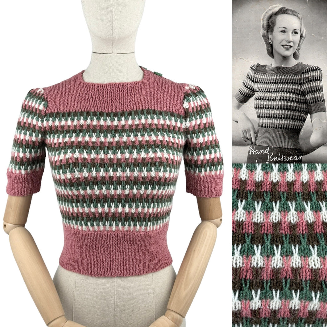 Reproduction 1940’s Hand Knitted Striped Jumper in Pink, White, Green and Brown Alpaca Wool - Bust 33 34 35