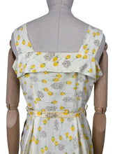 Load image into Gallery viewer, Original 1950&#39;s Yellow, Green and Brown Novelty Print Sleeveless Belted Day Dress with Roses, Birds and Birdcage Print - Bust 38
