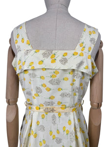Original 1950's Yellow, Green and Brown Novelty Print Sleeveless Belted Day Dress with Roses, Birds and Birdcage Print - Bust 38