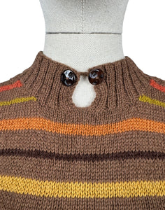 Reproduction 1930's Brown Hand Knitted Alpaca Wool Stripe Jumper with Puff Sleeves and Double Button Fastening - Bust 32