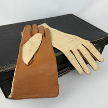 Load image into Gallery viewer, Original 1940&#39;s  CC41 Two-Tone Brown and Cream Gauntlet Gloves with Seamed Detail - Size 6.5 *
