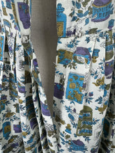 Load image into Gallery viewer, Vintage 1950&#39;s 1960&#39;s Lightweight Cotton Novelty Print Shirtwaister Dress in Purple, Blue and Green - Bust 36
