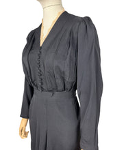 Load image into Gallery viewer, Original 1930&#39;s Volup Black Crepe Belted Day Dress with Ruffle Trim - Bust 42 44
