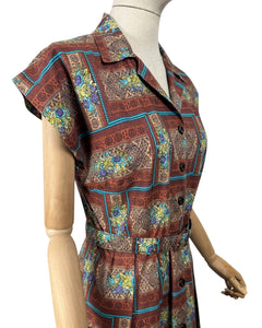 Original 1950's Brown, Blue and Green Belted Cotton Day Dress - Bust 36