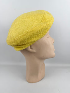 Original 1950's 1960's Bright Yellow Textured Fabric Hat with Button and Grosgrain Trim by Finley New York