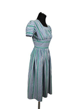 Load image into Gallery viewer, Original 1940&#39;s Petite Fit Textured Cotton Stripe Dress in Green, Pink, Blue and White - Bust 34 *
