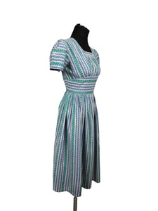 Original 1940's Petite Fit Textured Cotton Stripe Dress in Green, Pink, Blue and White - Bust 34 *