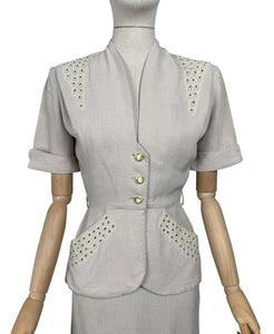 Original 1940's or 1950's Moygashel Linen Summer Suit with Beading and Soutache - Bust 34 35 *