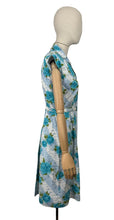 Load image into Gallery viewer, Original 1950&#39;s Stripe Floral Cotton Sleeveless Belted Day Dress in Blue and White with Bold Blue Roses - Bust 36 37
