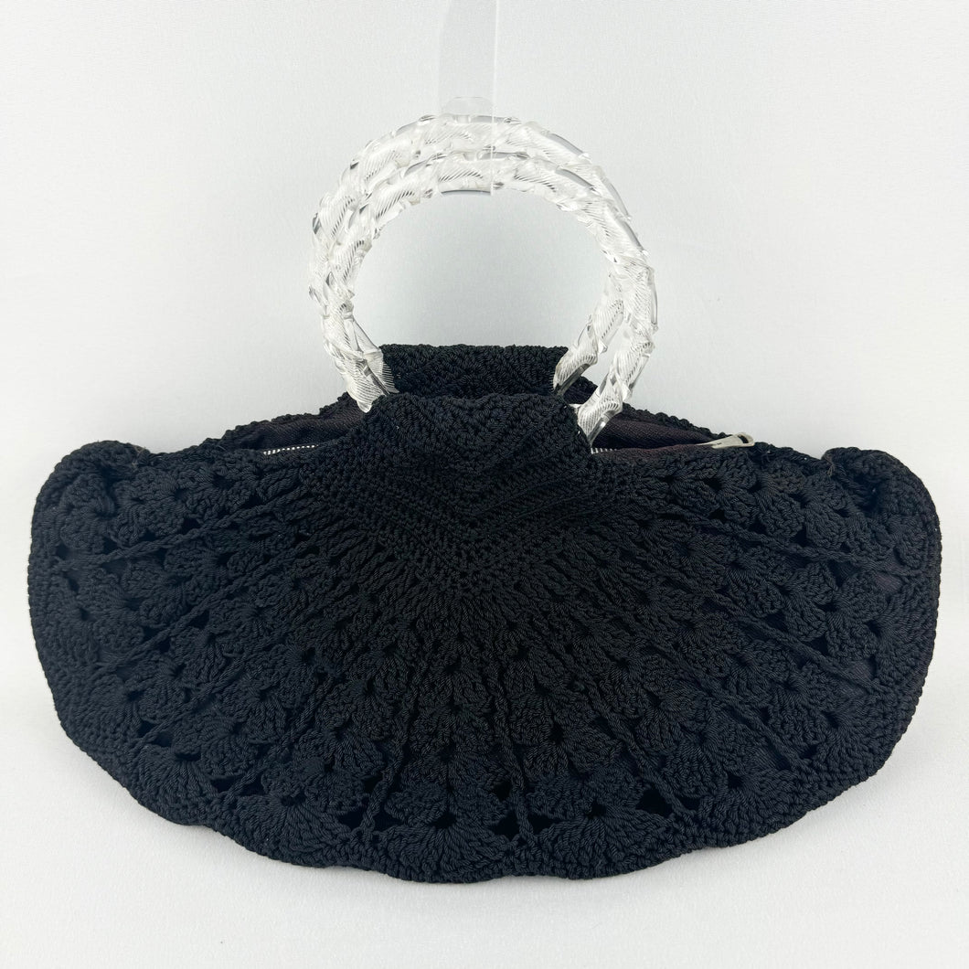 Original 1940's Large Black Crochet Fan Handbag with Double Lucite Handles