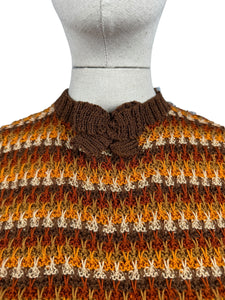 Reproduction 1940's Waffle Stripe Jumper with Bow Neck in Autumnal Shades of Brown and Rust with Cream Accent - Knitted from a Wartime Pattern - Bust 34 36