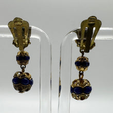 Load image into Gallery viewer, Original 1930&#39;s 1940&#39;s Blue Glass Clip on Dangle Earrings on Gold Tone Metal
