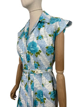 Load image into Gallery viewer, Original 1950&#39;s Stripe Floral Cotton Sleeveless Belted Day Dress in Blue and White with Bold Blue Roses - Bust 36 37
