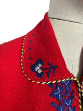 Load image into Gallery viewer, Original 1950&#39;s Red Felt Jacket Embroidered with Leaves in Blue and White - Bust 34 36
