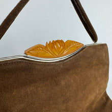 Load image into Gallery viewer, Original 1930's Warm Brown Suede Bag with Amber Coloured Carved Rose Clasp
