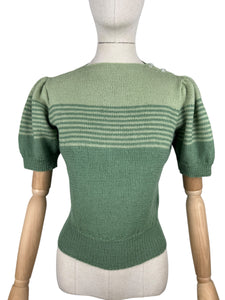 Reproduction 1940's Striped Jumper in Pistachio and Mid Green with Full Puff Sleeves - Bust 36 38 *