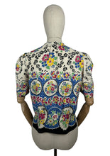 Load image into Gallery viewer, Reproduction 1940&#39;s Cotton Boarder Print Blouse in Bold Floral in Black, Green, Blue, Pink, Black and Yellow - Bust 34
